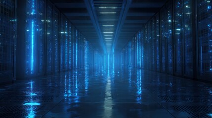 A futuristic data center with glowing blue lights and reflective floors, showcasing modern digital infrastructure.