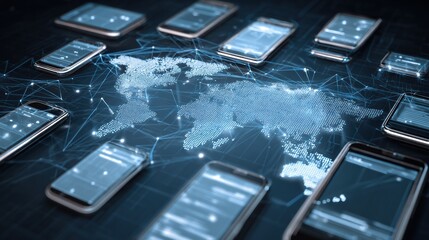 A futuristic display of smartphones connected to a global network, highlighting digital communication and connectivity.
