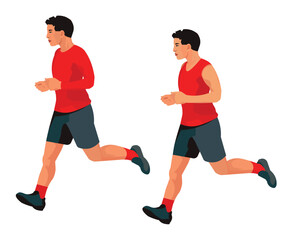 Uzbek athlete jogging in profile during a workout or marathon in a red summer T-shirt and winter sweatshirt