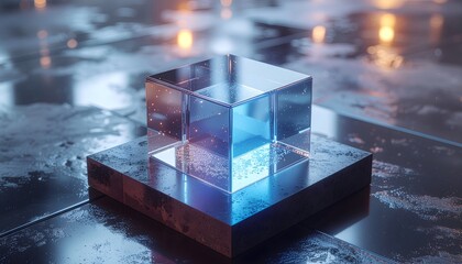 Monolithic Glass Blocks on Dark Slate Base, Neon Quantum Grid, Rain Reflections