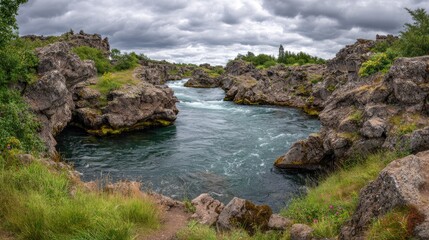 River flows through rocky landscape under dramatic cloudy sky