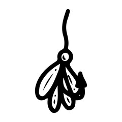 Fishing lures with feathers and hooks. Hand drawn doodle vector. Spinning rod equipment. Wobbler, spoon. Artificial fish. Seafood production. Lake camping. Fishery gear. Line art illustration.