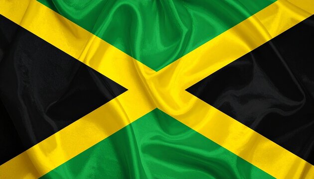 Jamaican flag with gold cross, green and black triangles.