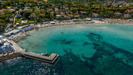 Aerial view of Mondello Bay near Palermo, Sicily, Italy. It's a beautiful gulf and a popular tourist destination for Sicilian summer vacations.