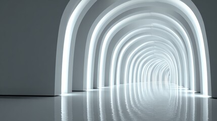 Obraz premium A modern, illuminated tunnel creating a sleek and futuristic ambiance. The reflective floor enhances its design.