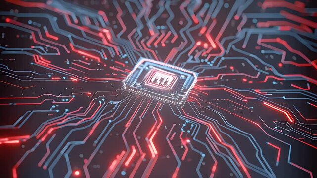 A high-tech close-up of a futuristic microprocessor surrounded by glowing red and blue circuitry on a circuit board