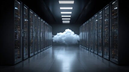A modern data center featuring rows of servers and a cloud symbolizing cloud computing technology.