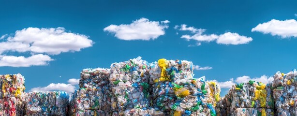 The plastic waste bales stacked in a recycling facility under a bright sky