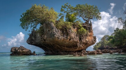 Rocky island formation with lush green trees in bright blue ocean