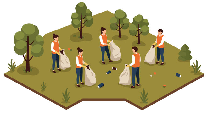 Isometric team cleaning up a park with volunteers in nature scene