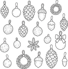 Set of hand-drawn black and white doodles of Christmas ornaments: balls, cones, acorns, nuts, and grapes. Minimal eco line art vector for sustainable holiday design and natural festive decor. © Natallia Leanovich