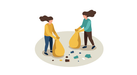 Isometric illustration of two people collecting garbage in bags for recycling