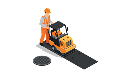 Fototapeta premium Isometric road worker operating pavement roller machine for construction projects