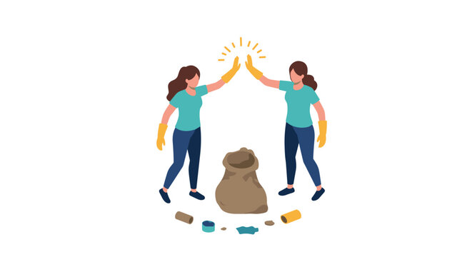 Women high-fiving after successful community clean-up effort with recyclables