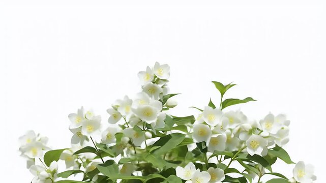Realistic video of white jasmine flowers with green leaves on white background