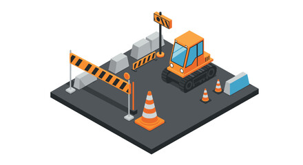 Isometric construction site with bulldozer and traffic cones in modern flat design