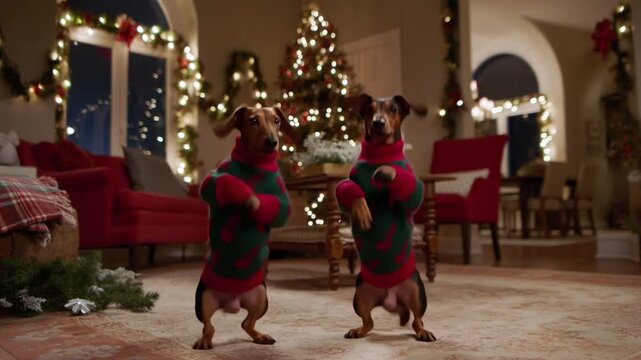 Two dachshunds in christmas sweaters dance a synchronous jig in a cozy living room with a decorated tree, conveying playful partnership and festive cheer.
