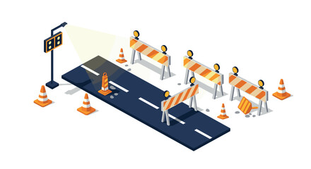Isometric road construction scene with traffic barricades and safety cones