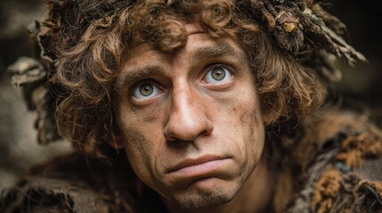 A thoughtful person with wild hair, portraying emotions in a natural setting, reflecting the essence of humanity.