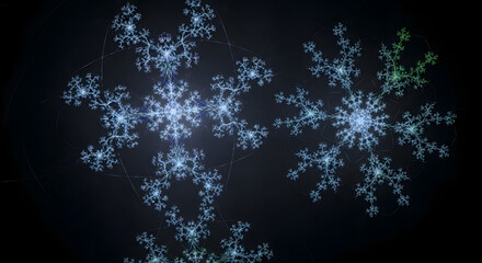 Abstract Snowflake Fractals Illuminated by Soft Blue and Green Light on a Dark Background