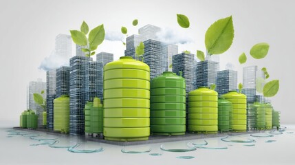 A vibrant urban landscape showcasing green technologies and sustainable living with eco-friendly buildings and plants.