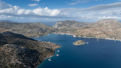 Obraz premium Aerial View of Bozburun Harbor and Sailboats in Marmaris, Turkey