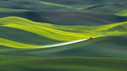 Rolling hills landscape with tractor creating a bright trail across green fields