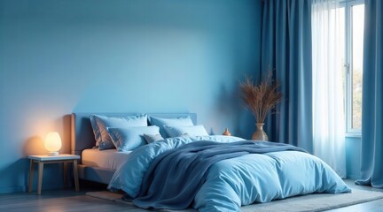 A tranquil bedroom sanctuary bathed in serene blue hues, offering a peaceful escape for ultimate rest and relaxation