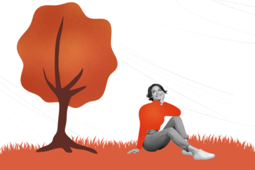 Composite photo collage of happy girl sit park autumn tree orange grass nature september warm weather isolated on painted background