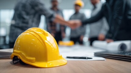 A yellow hard hat rests on a desk while professionals discuss plans in a modern office setting.
