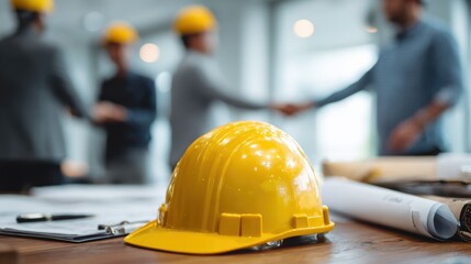 A yellow hard hat rests on a table while construction workers engage in a handshake in the background.