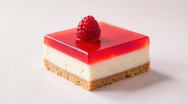 A delightful dessert creation with layers of creamy filling and vibrant fruit jelly, crowned with a solitary berry.