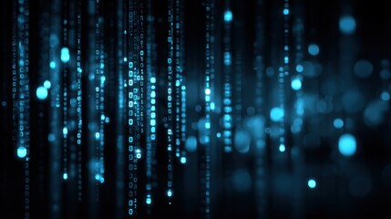 Abstract digital background featuring cascading blue data streams on a dark backdrop, representing technology and innovation.