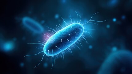 An artistic, glowing depiction of a single bacterium in vivid blue, capturing its intricate structure and highlighting its potential impact.