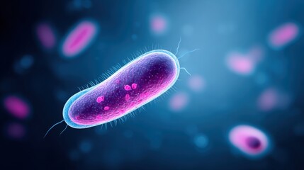 A detailed, realistic depiction of a single bacteria. rendered in a professional style, it stands out against a blurry backdrop.