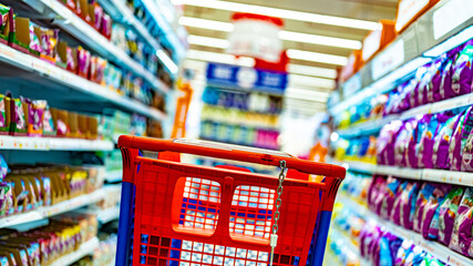 A shopping cart by a store shelf in a supermarket