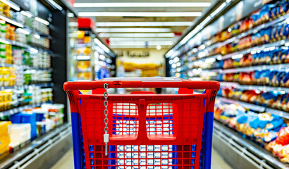 A shopping cart by a store shelf in a supermarket © monticellllo