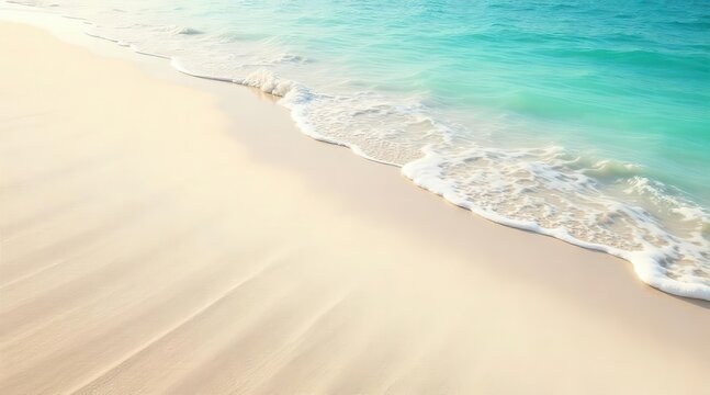 Sunlit sandy shore meeting tranquil turquoise waters with gentle foamy waves lapping the pristine coastline