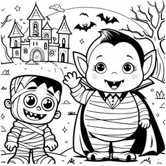 Halloween coloring book illustration set
