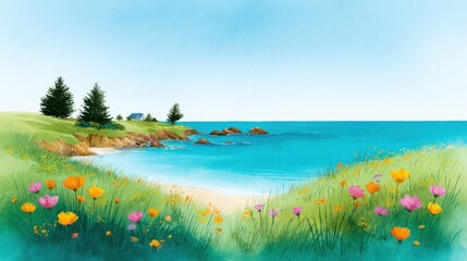 A vibrant seaside landscape with a sunny coast. Colorful wildflowers and lush grass paint a picturesque coastal scene where the sea meet the sky. 