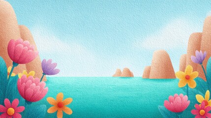 A serene seaside scene, with vibrant, cartoonish floral arrangements and rock formations surrounding a calm body of water, all under a clear blue sky. evoking feelings of calm and serenity.