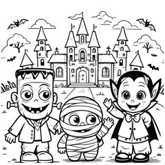 Halloween coloring book illustration set