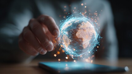 An individual interacts with a digital globe, symbolizing innovation and connectivity in a modern world.