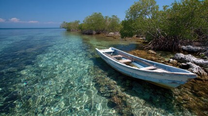 Rowboat on clear tropical water near shoreline under a bright blue sky
