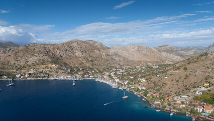 Obraz premium Aerial View of Bozburun Harbor and Sailboats in Marmaris, Turkey