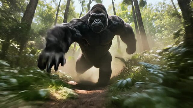 Cinematic 4K Animation of an Angry Gorilla Charging Through a Jungle