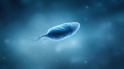 A microscopic rendering of a Trypanosoma parasite, gracefully suspended in a softly illuminated environment, highlighting its unique biological structure and cellular detail. 