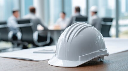 Close-up of a white hard hat on a table with blurred colleagues discussing plans in the background.