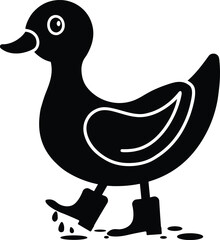 Cartoon Duck in Rain Boots Splashing Puddle Silhouette