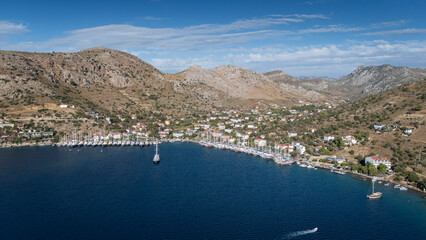 Fototapeta premium Aerial View of Bozburun Harbor and Sailboats in Marmaris, Turkey
